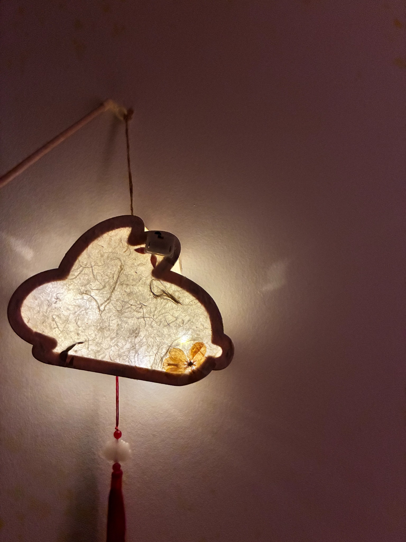 A glowing handmade cloud-shaped botanical lantern with warm light, dried flowers and a red tassel