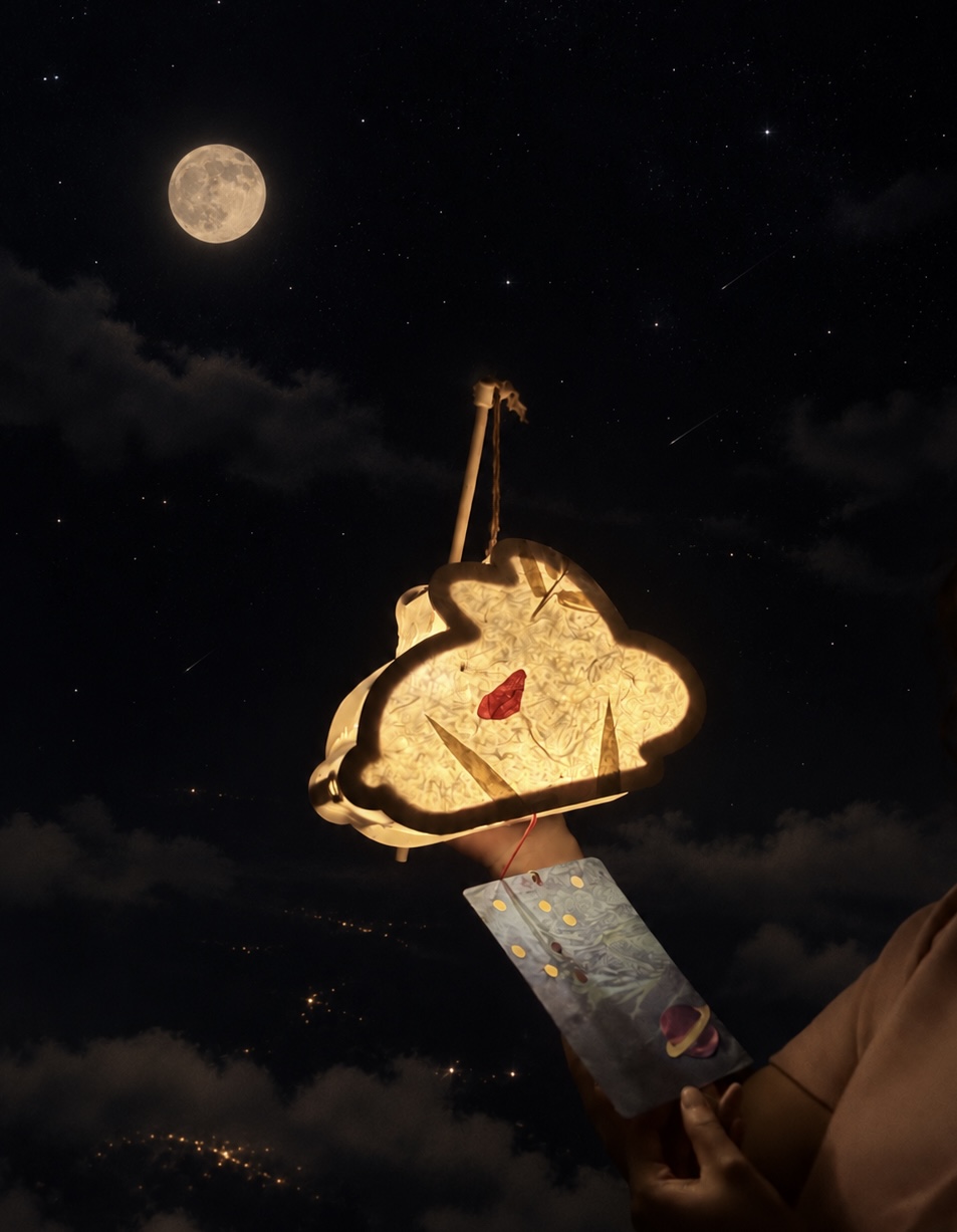 A glowing floral paper lantern beneath a moonlit sky